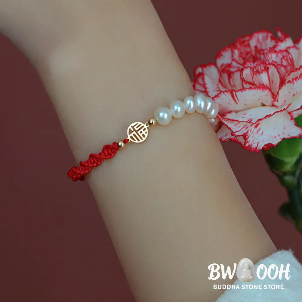 Buddha Stones 14K Gold Plated Pearl Bead Luck Protection Braid Red String Bracelet - BWOOOH - Bracelet