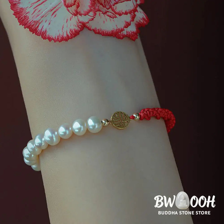 Buddha Stones 14K Gold Plated Pearl Bead Luck Protection Braid Red String Bracelet - BWOOOH - Bracelet