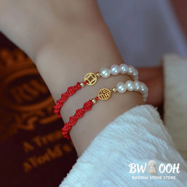 Buddha Stones 14K Gold Plated Pearl Bead Luck Protection Braid Red String Bracelet - BWOOOH - Bracelet