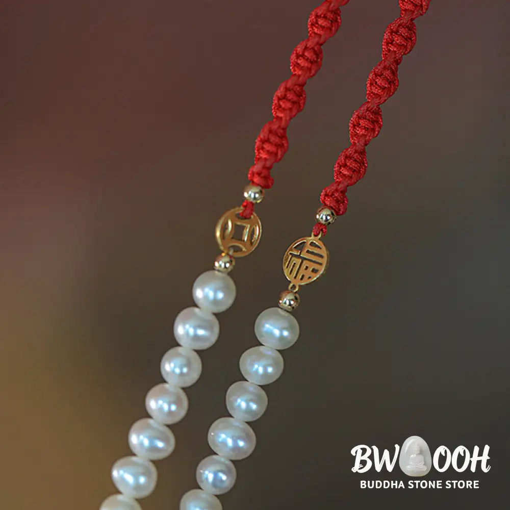 Buddha Stones 14K Gold Plated Pearl Bead Luck Protection Braid Red String Bracelet - BWOOOH - Bracelet
