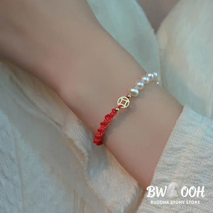 Buddha Stones 14K Gold Plated Pearl Bead Luck Protection Braid Red String Bracelet - BWOOOH - Bracelet