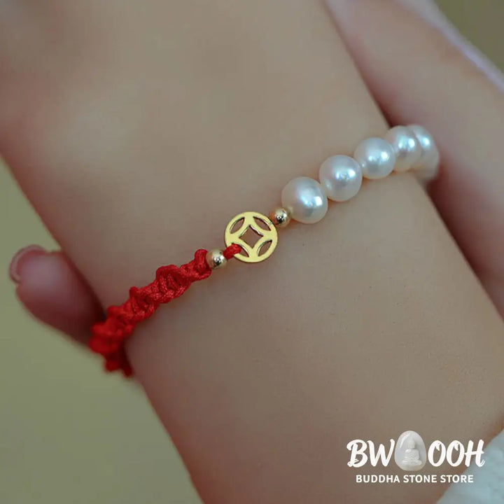 Buddha Stones 14K Gold Plated Pearl Bead Luck Protection Braid Red String Bracelet - BWOOOH - Bracelet