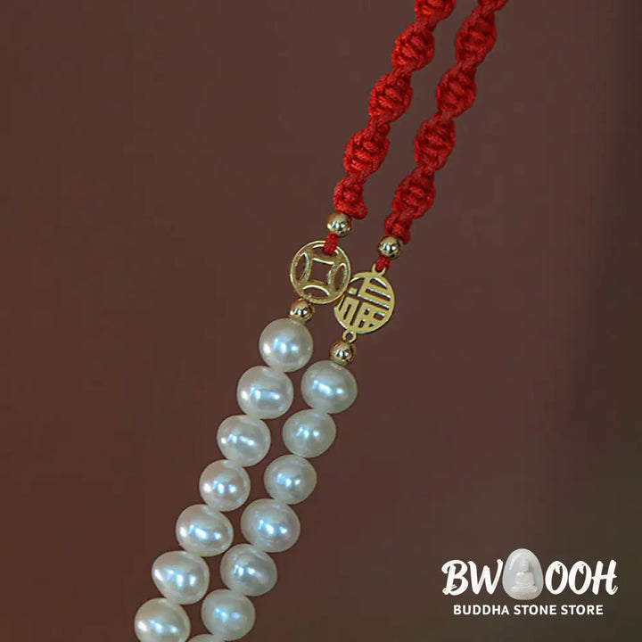 Buddha Stones 14K Gold Plated Pearl Bead Luck Protection Braid Red String Bracelet - BWOOOH - Bracelet