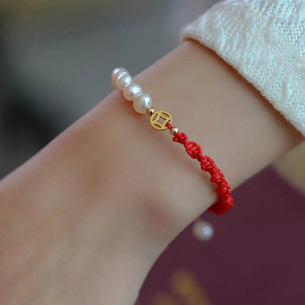 BWOOOH 14K Gold Plated Pearl Bead Luck Protection Braid Red String Bracelet - BWOOOH - Normal 14K Gold Plated