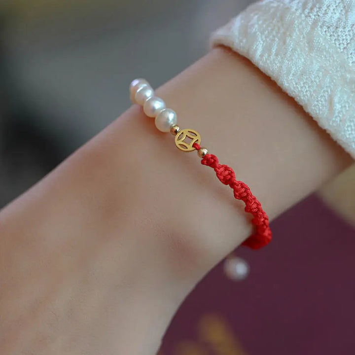 BWOOOH 14K Gold Plated Pearl Bead Luck Protection Braid Red String Bracelet - BWOOOH - Normal 14K Gold Plated