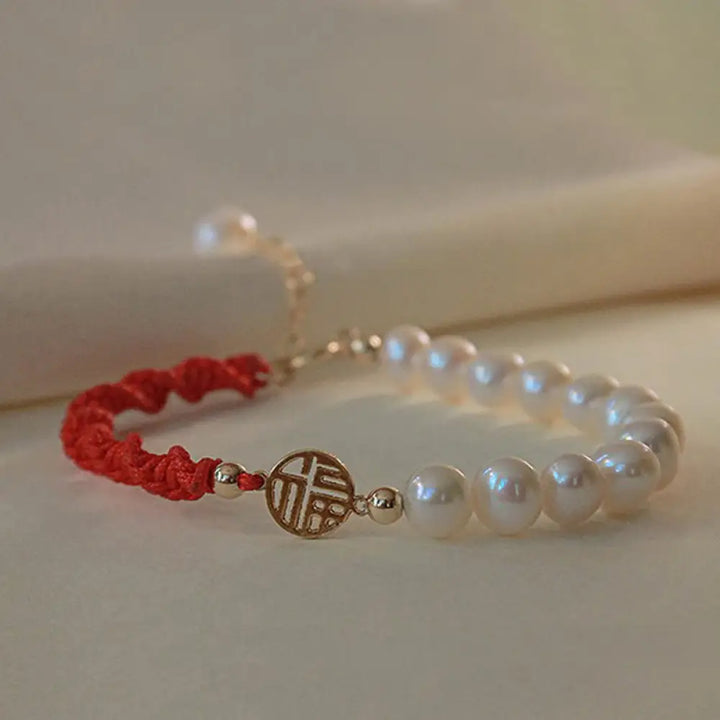 Buddha Stones 14K Gold Plated Pearl Bead Luck Protection Braid Red String Bracelet - BWOOOH - Normal 14K Gold Plated