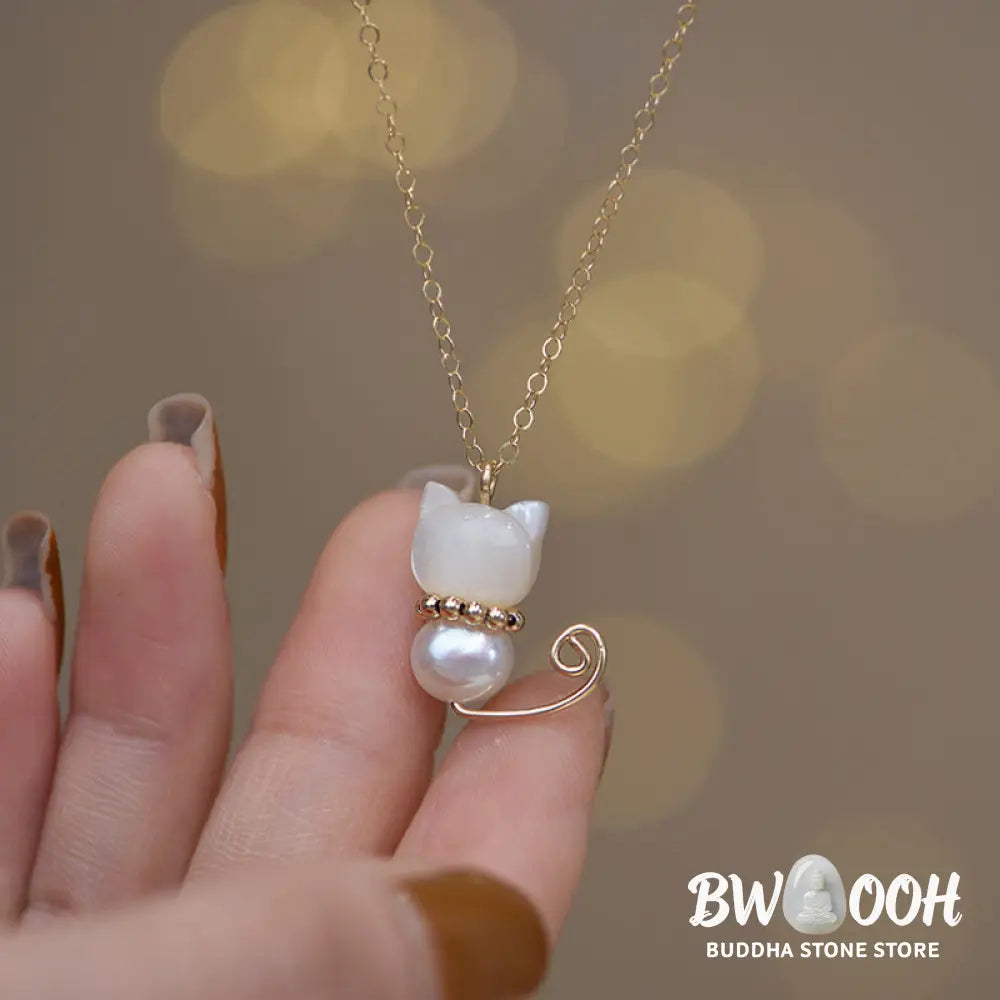 Buddha Stones 14K Gold Plated Pearl Hetian Jade Shell Luck Cat Kitten Necklace Pendant - BWOOOH - Necklaces &amp; Pendants