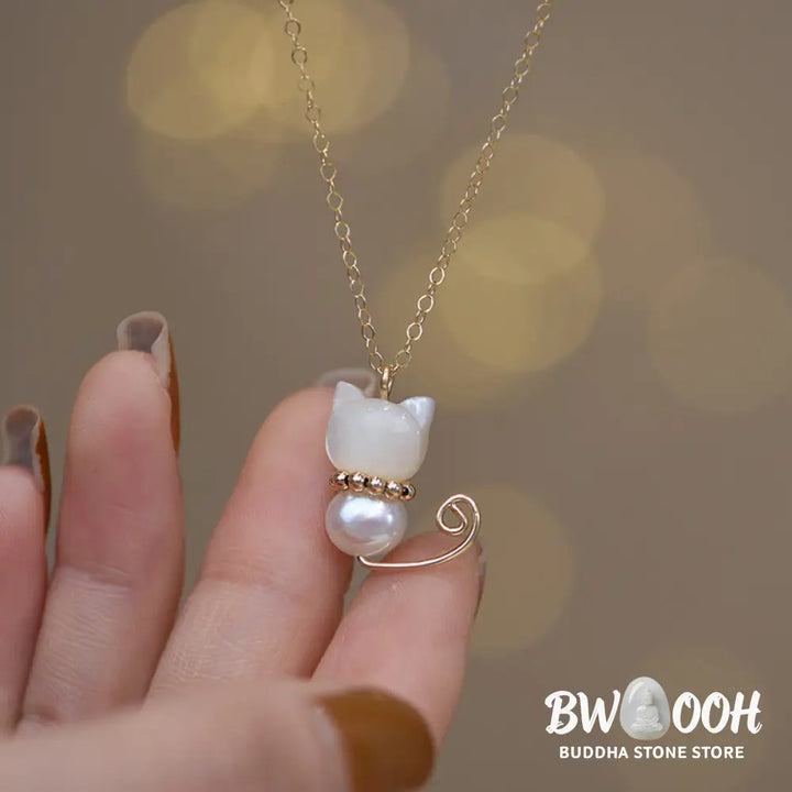 Buddha Stones 14K Gold Plated Pearl Hetian Jade Shell Luck Cat Kitten Necklace Pendant - BWOOOH - Necklaces &amp; Pendants