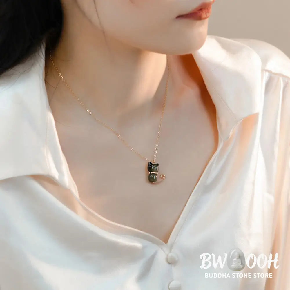 Buddha Stones 14K Gold Plated Pearl Hetian Jade Shell Luck Cat Kitten Necklace Pendant - BWOOOH - Necklaces &amp; Pendants