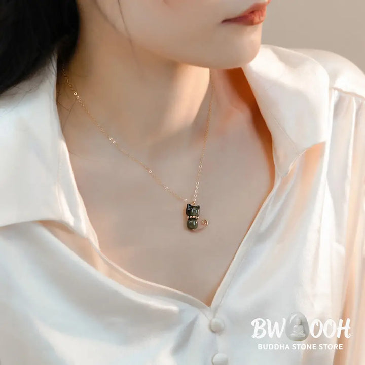 Buddha Stones 14K Gold Plated Pearl Hetian Jade Shell Luck Cat Kitten Necklace Pendant - BWOOOH - Necklaces &amp; Pendants