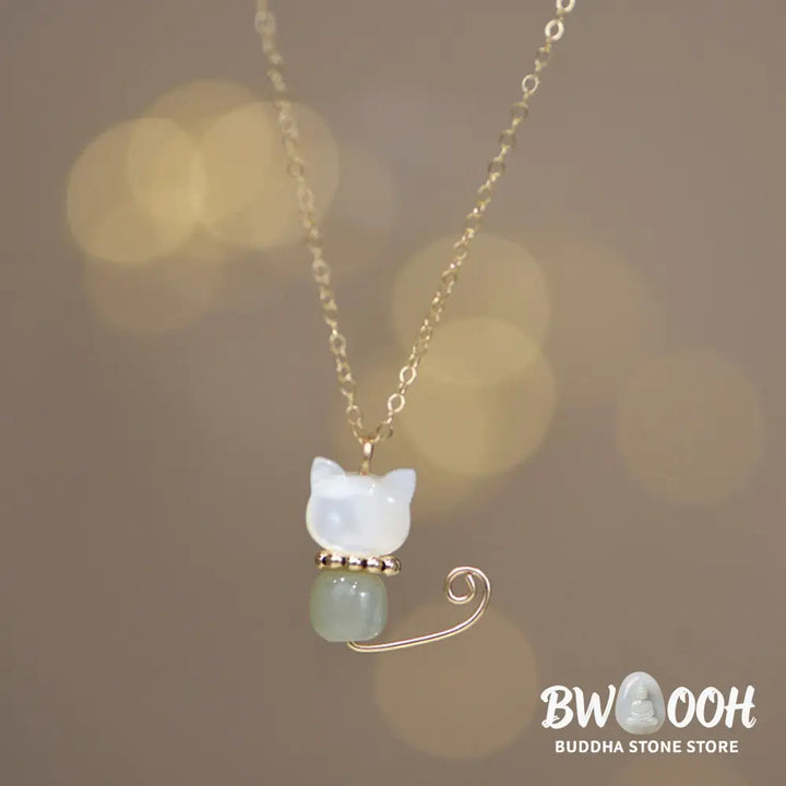 Buddha Stones 14K Gold Plated Pearl Hetian Jade Shell Luck Cat Kitten Necklace Pendant - BWOOOH - Necklaces &amp; Pendants
