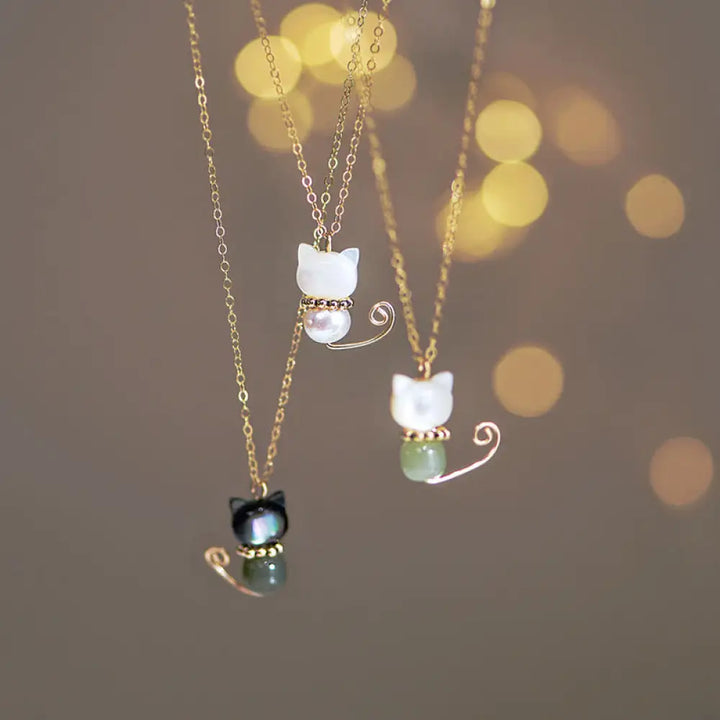 BWOOOH 14K gold plated Hetian jade pearl shell luck cat kitten pendant necklace — fortune, wisdom &amp; positivity