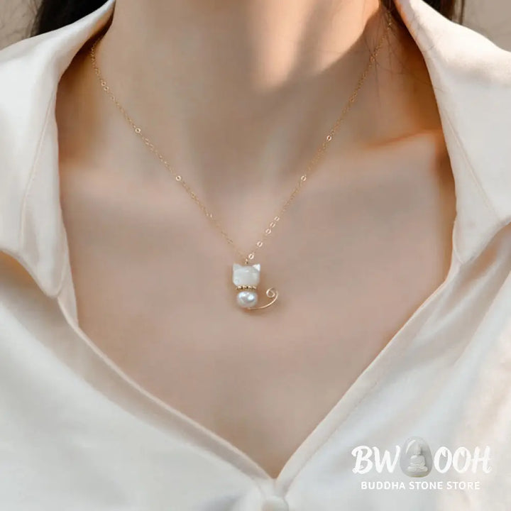 Buddha Stones 14K Gold Plated Pearl Hetian Jade Shell Luck Cat Kitten Necklace Pendant - BWOOOH - Necklaces &amp; Pendants