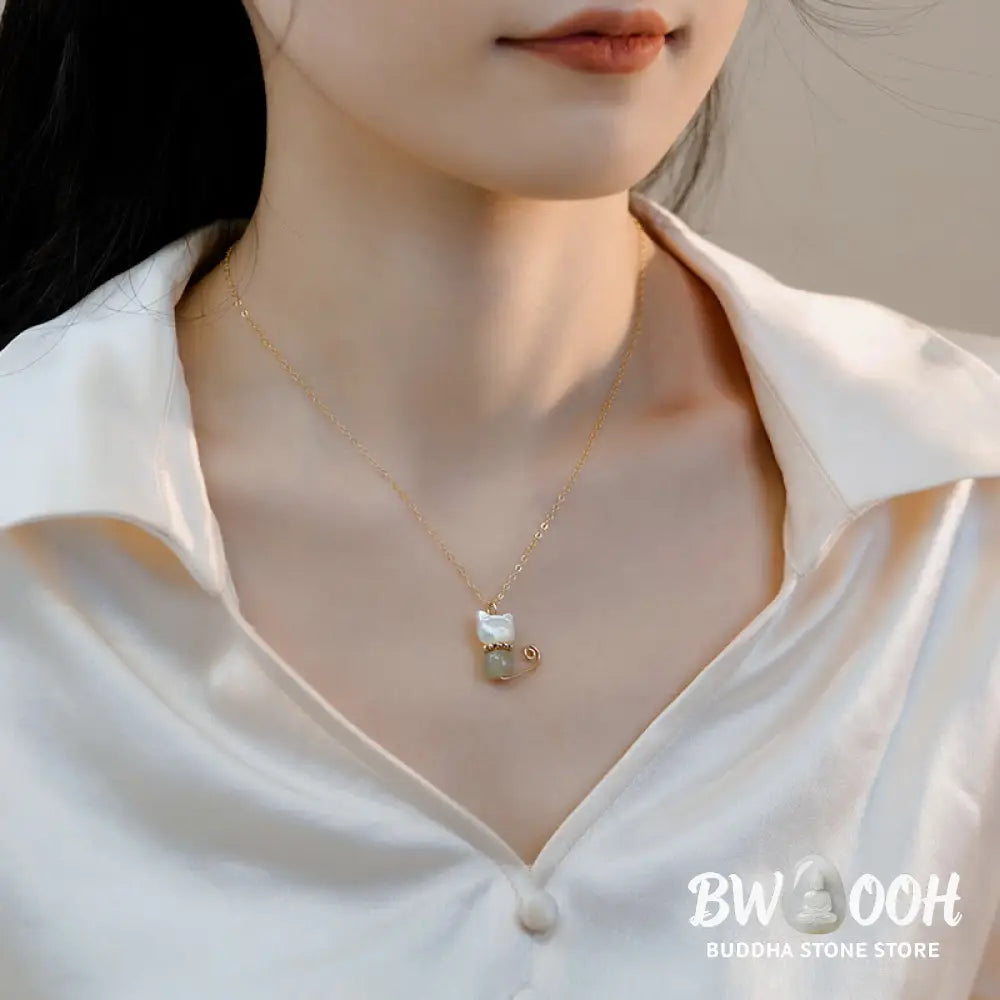 Buddha Stones 14K Gold Plated Pearl Hetian Jade Shell Luck Cat Kitten Necklace Pendant - BWOOOH - Necklaces &amp; Pendants