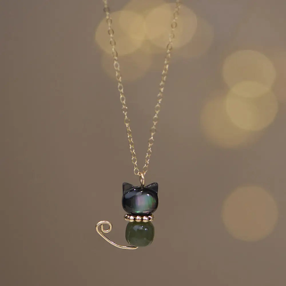 Buddha Stones 14K Gold Plated Pearl Hetian Jade Shell Luck Cat Kitten Necklace Pendant - BWOOOH - Premium 14K Gold