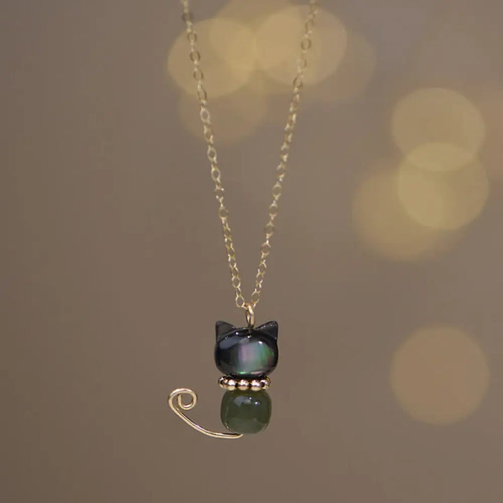 Buddha Stones 14K Gold Plated Pearl Hetian Jade Shell Luck Cat Kitten Necklace Pendant - BWOOOH - Premium 14K Gold
