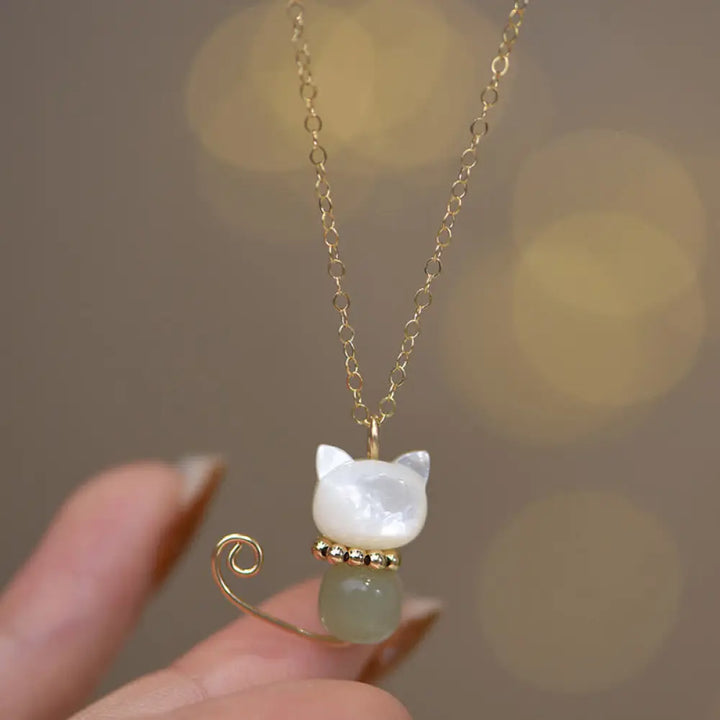 Buddha Stones 14K Gold Plated Pearl Hetian Jade Shell Luck Cat Kitten Necklace Pendant - BWOOOH - Premium 14K Gold