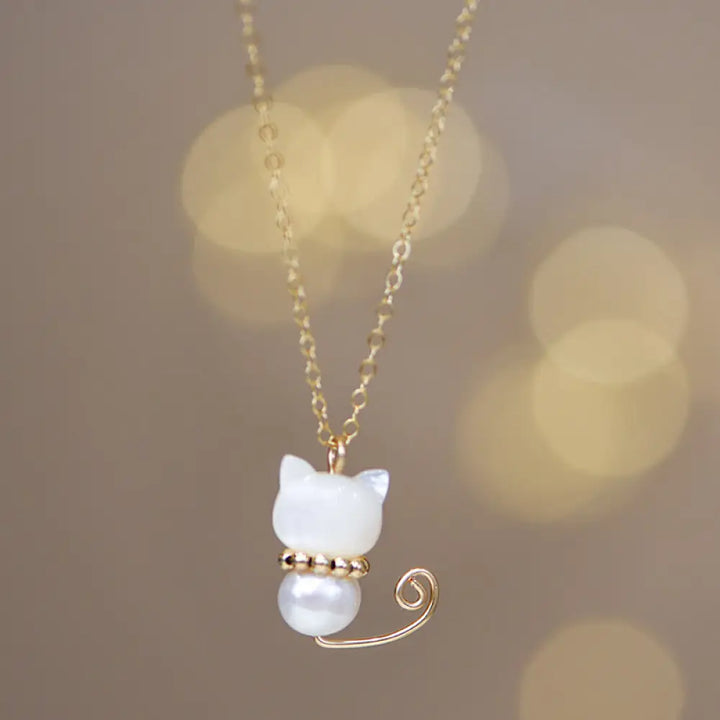 Buddha Stones 14K Gold Plated Pearl Hetian Jade Shell Luck Cat Kitten Necklace Pendant - BWOOOH - Premium 14K Gold