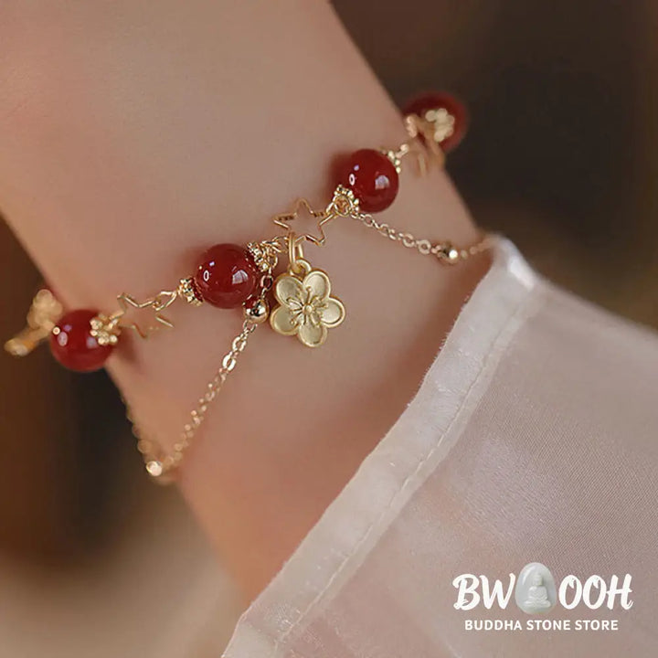 Buddha Stones 14k Gold Plated Red Agate Star Flower Charm Calm Bracelet - Red Agate(Confidence♥Calm)(Wrist