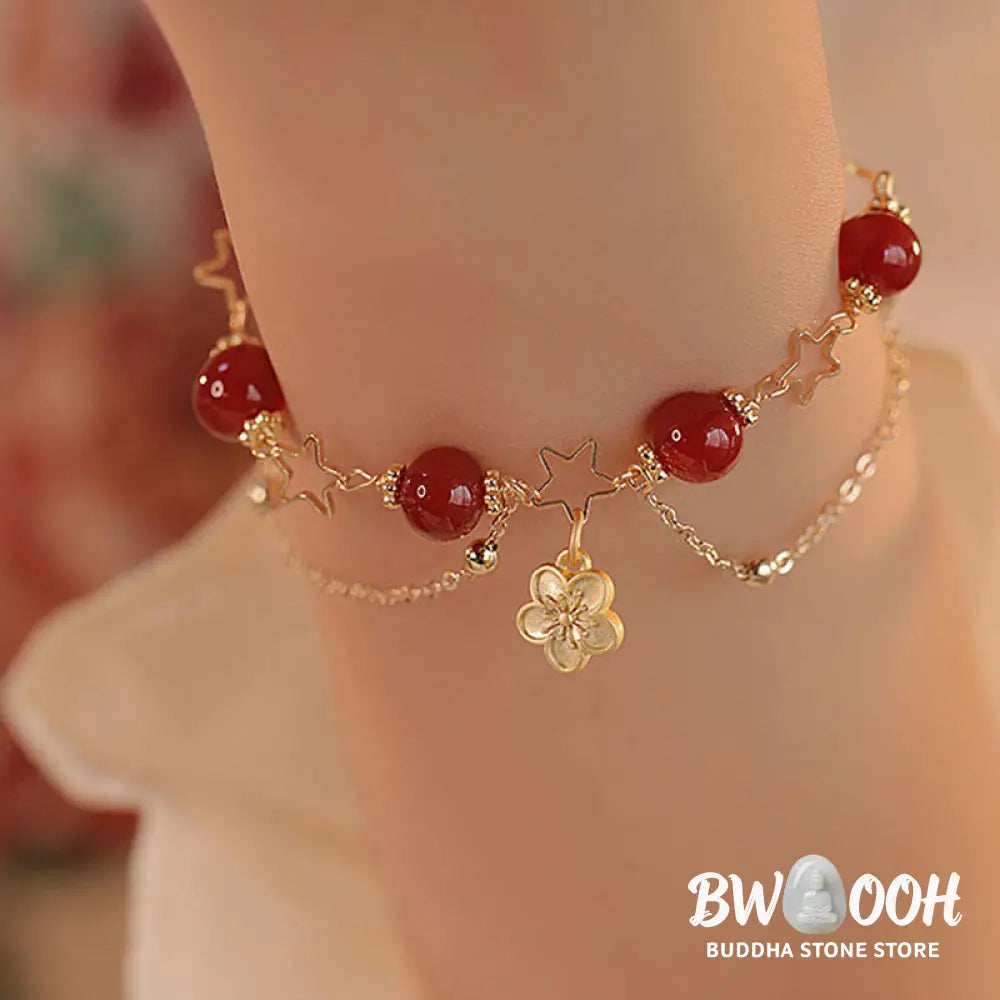 Buddha Stones 14k Gold Plated Red Agate Star Flower Charm Calm Bracelet - Red Agate(Confidence♥Calm)(Wrist