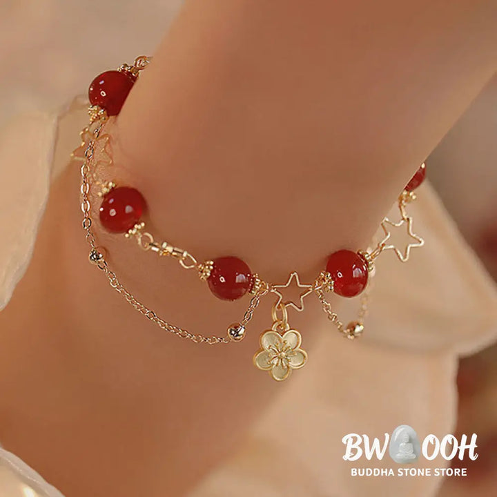 Buddha Stones 14k Gold Plated Red Agate Star Flower Charm Calm Bracelet - Red Agate(Confidence♥Calm)(Wrist