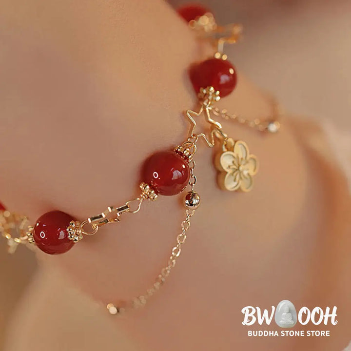 Buddha Stones 14k Gold Plated Red Agate Star Flower Charm Calm Bracelet - Red Agate(Confidence♥Calm)(Wrist