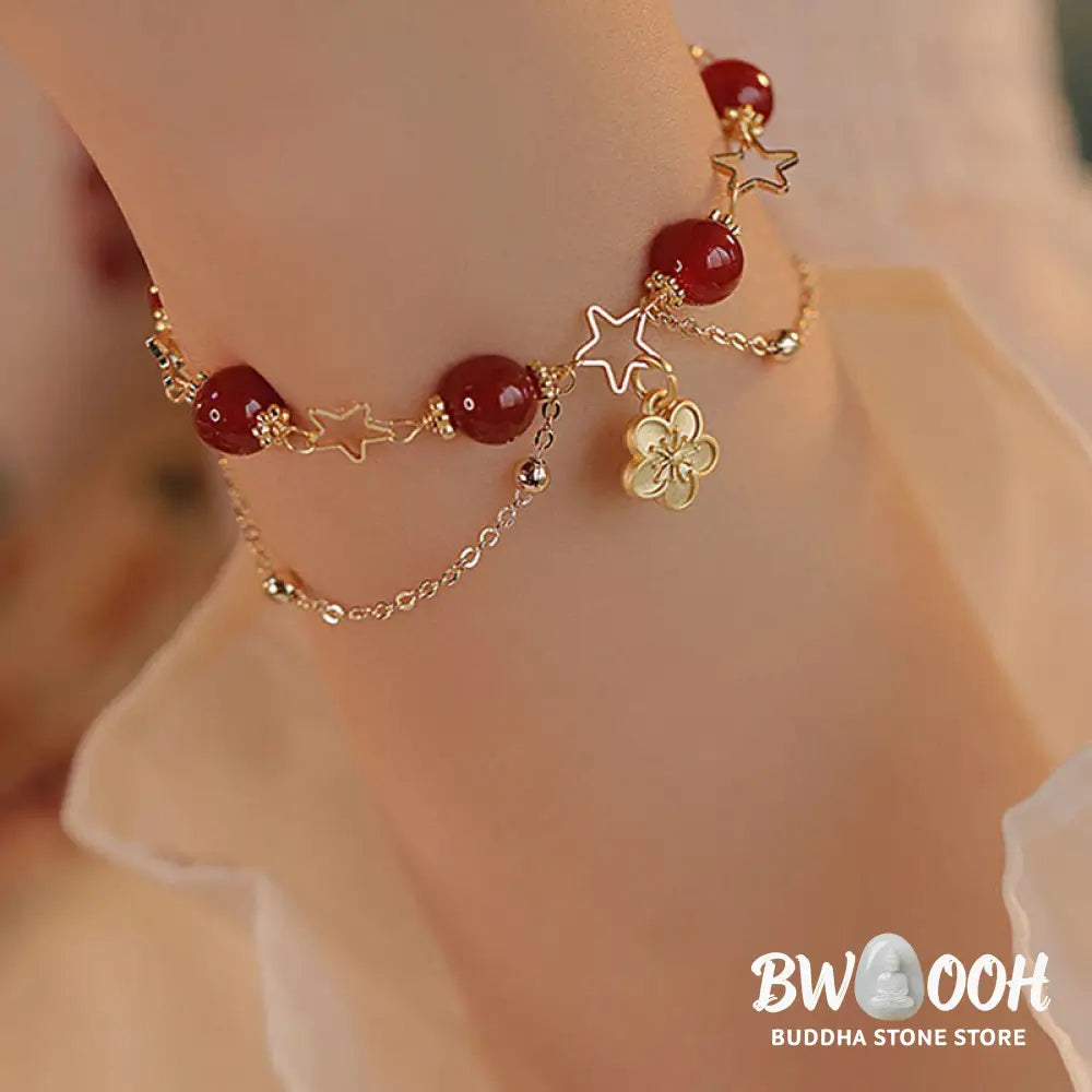 Buddha Stones 14k Gold Plated Red Agate Star Flower Charm Calm Bracelet - Red Agate(Confidence♥Calm)(Wrist