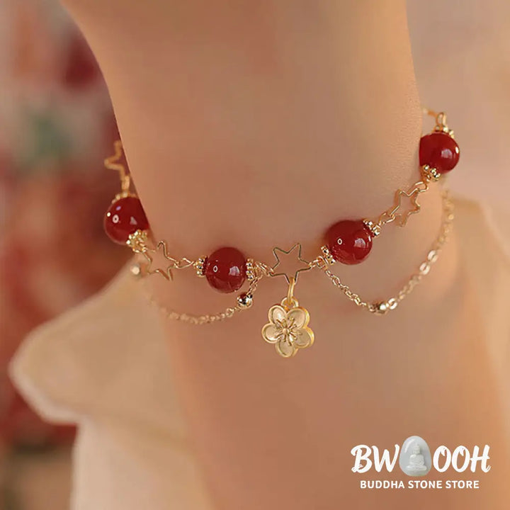 Buddha Stones 14k Gold Plated Red Agate Star Flower Charm Calm Bracelet - Red Agate(Confidence♥Calm)(Wrist