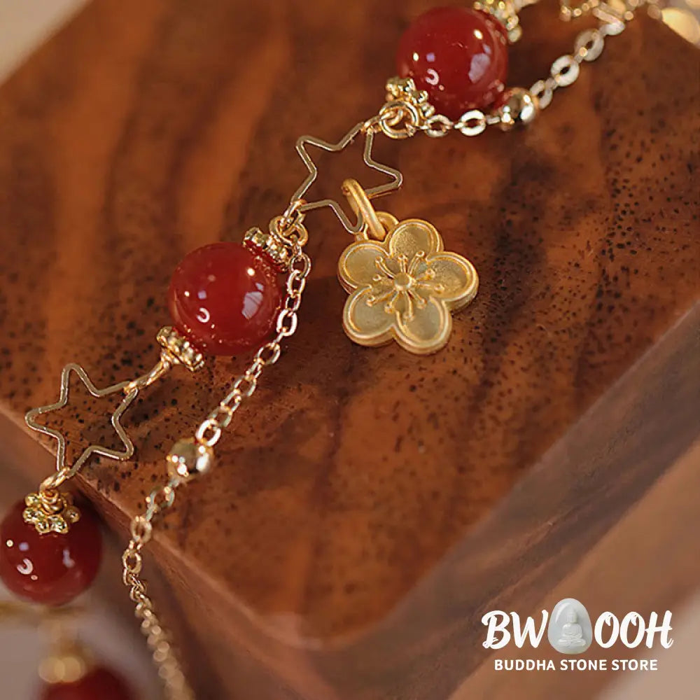 Buddha Stones 14k Gold Plated Red Agate Star Flower Charm Calm Bracelet - Red Agate(Confidence♥Calm)(Wrist