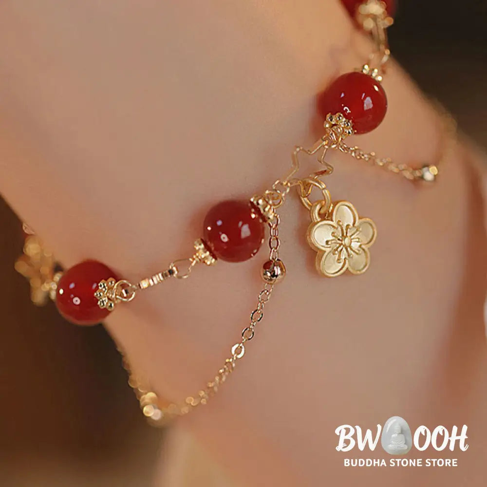 Buddha Stones 14k Gold Plated Red Agate Star Flower Charm Calm Bracelet - Red Agate(Confidence♥Calm)(Wrist