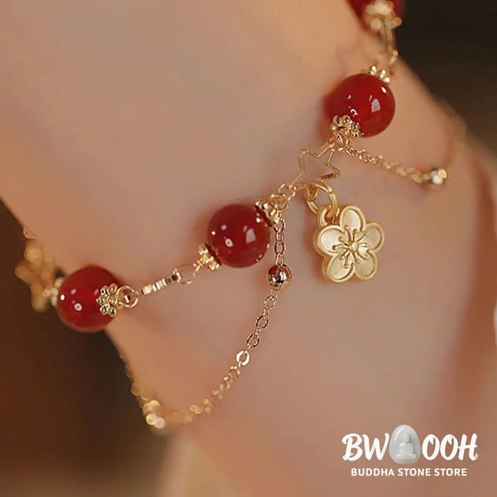 Buddha Stones 14k Gold Plated Red Agate Star Flower Charm Calm Bracelet - Red Agate(Confidence♥Calm)(Wrist