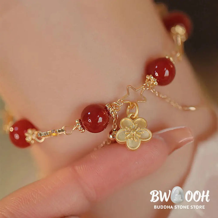 Buddha Stones 14k Gold Plated Red Agate Star Flower Charm Calm Bracelet - Red Agate(Confidence♥Calm)(Wrist
