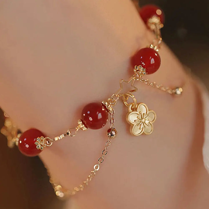 BWOOOH 14k gold plated red agate star flower charm calm bracelet