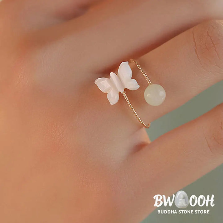 Buddha Stones 14k Gold Plated Round Hetian Jade Tridacna Stone Peach Blossom Flower Butterfly Prosperity Adjustable