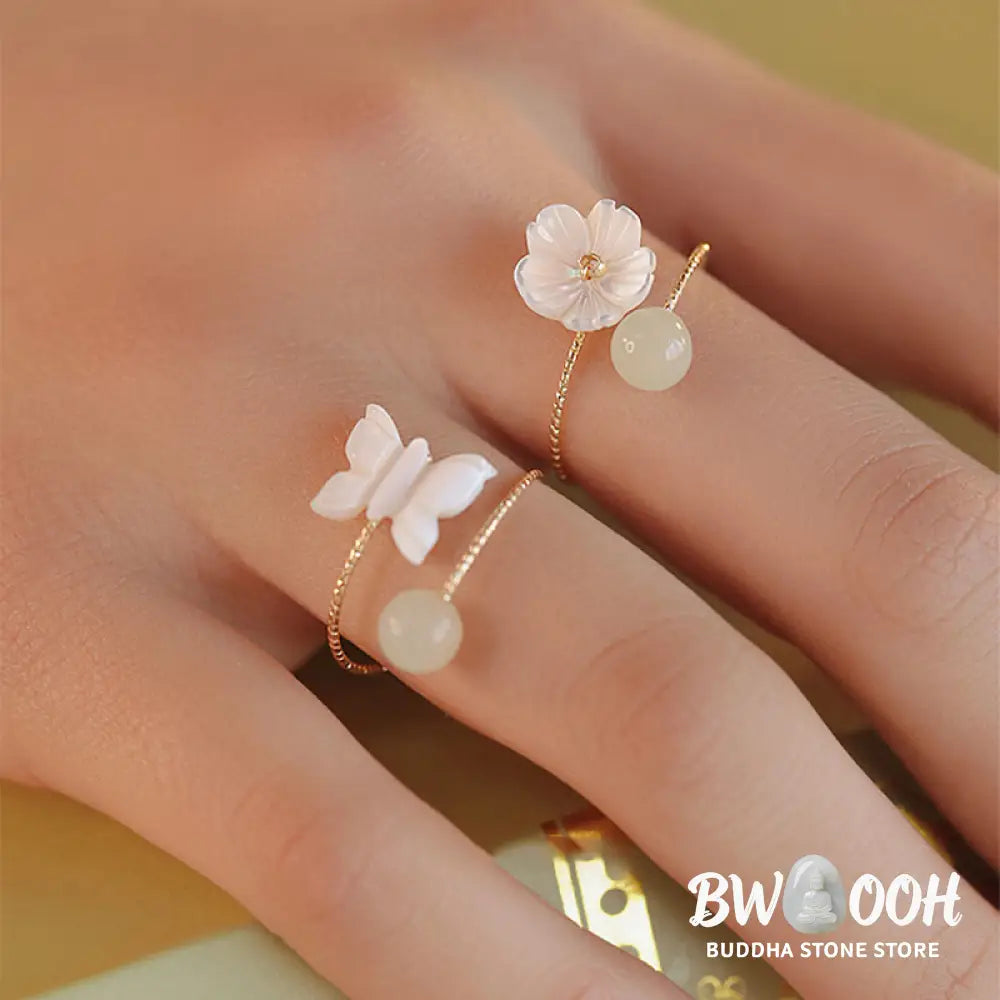 Buddha Stones 14k Gold Plated Round Hetian Jade Tridacna Stone Peach Blossom Flower Butterfly Prosperity Adjustable