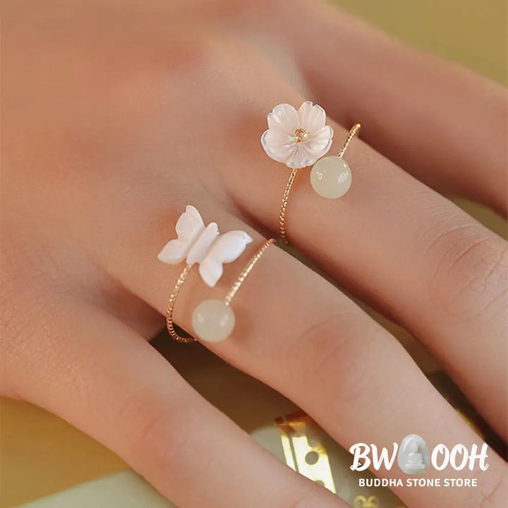 Buddha Stones 14k Gold Plated Round Hetian Jade Tridacna Stone Peach Blossom Flower Butterfly Prosperity Adjustable
