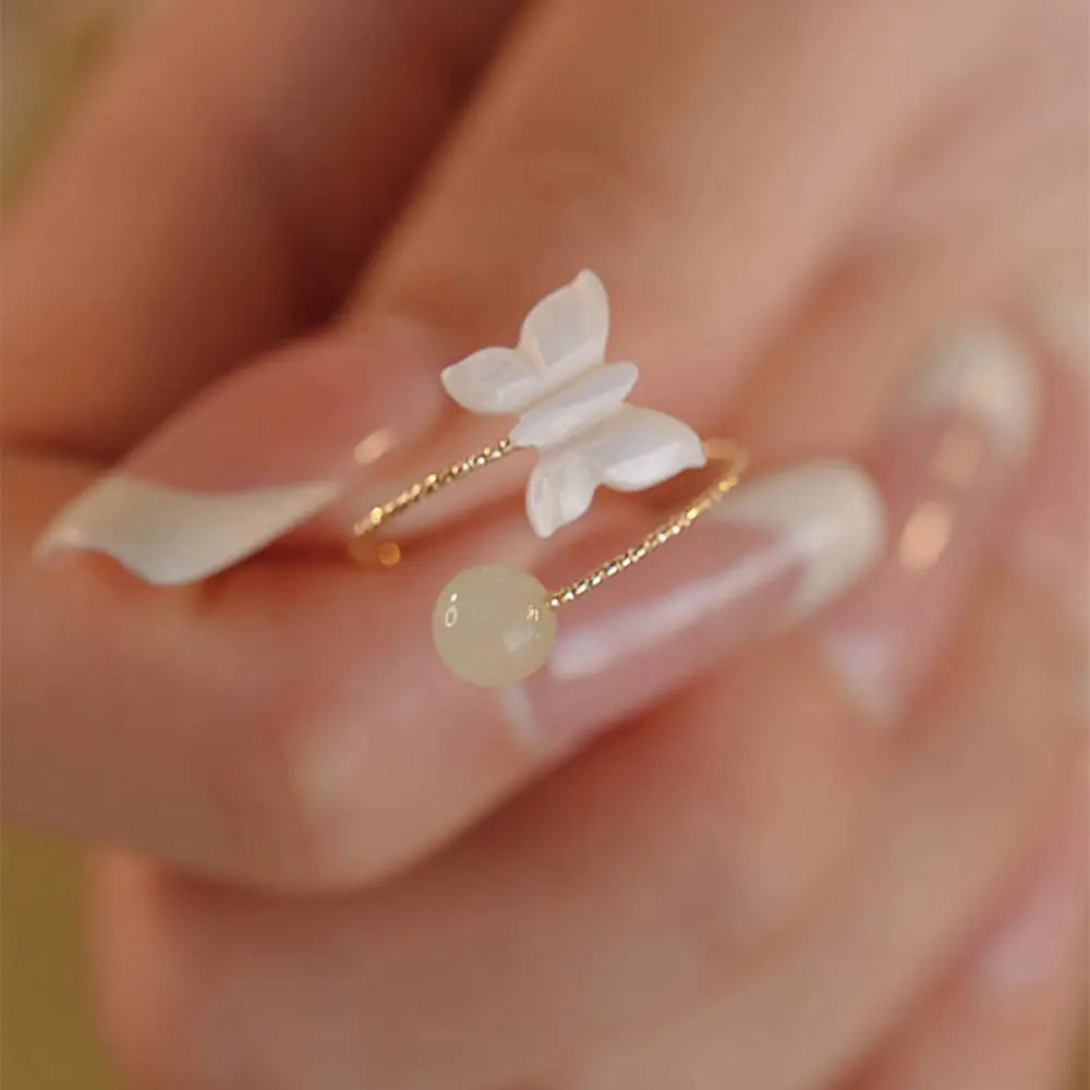 Buddha Stones 14k Gold Plated Round Hetian Jade Tridacna Stone Peach Blossom Flower Butterfly Prosperity Adjustable