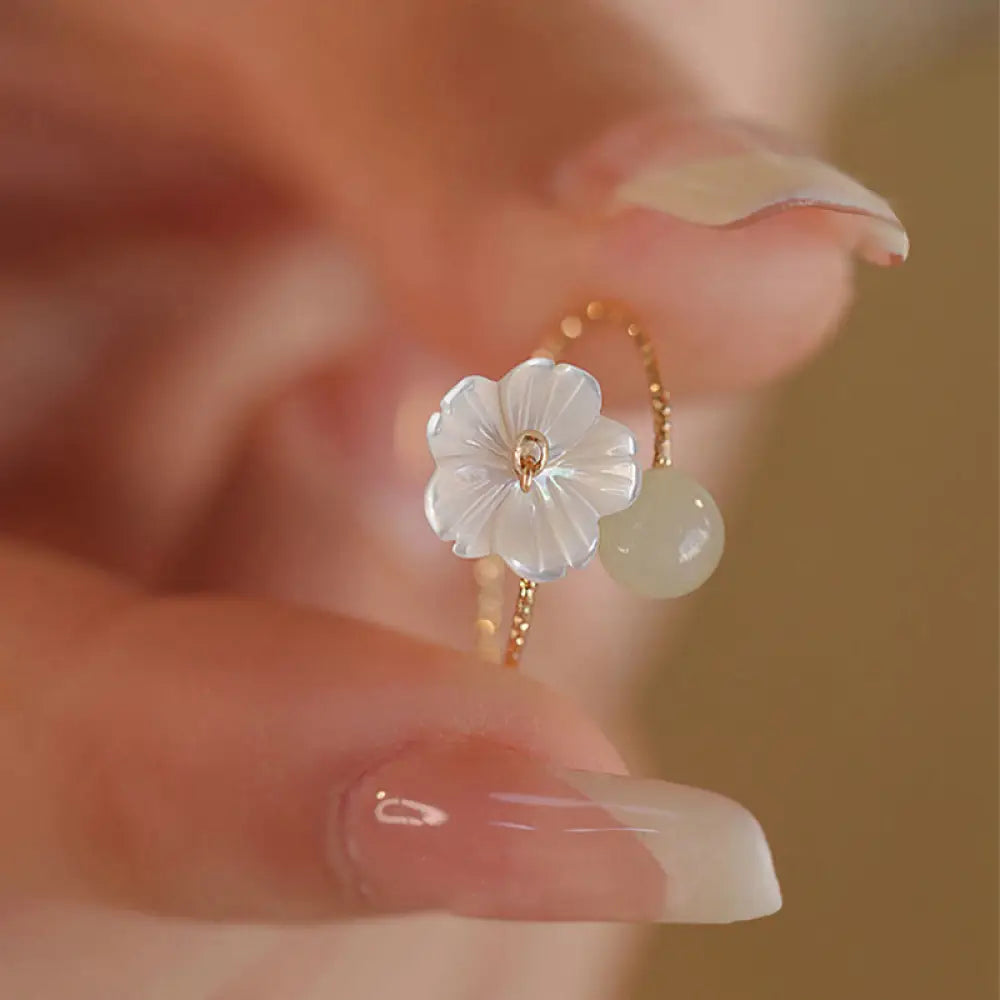 BWOOOH 14k Gold Plated Round Hetian Jade Tridacna Stone Peach Blossom Flower Butterfly Prosperity Adjustable Ring (Extra 3...