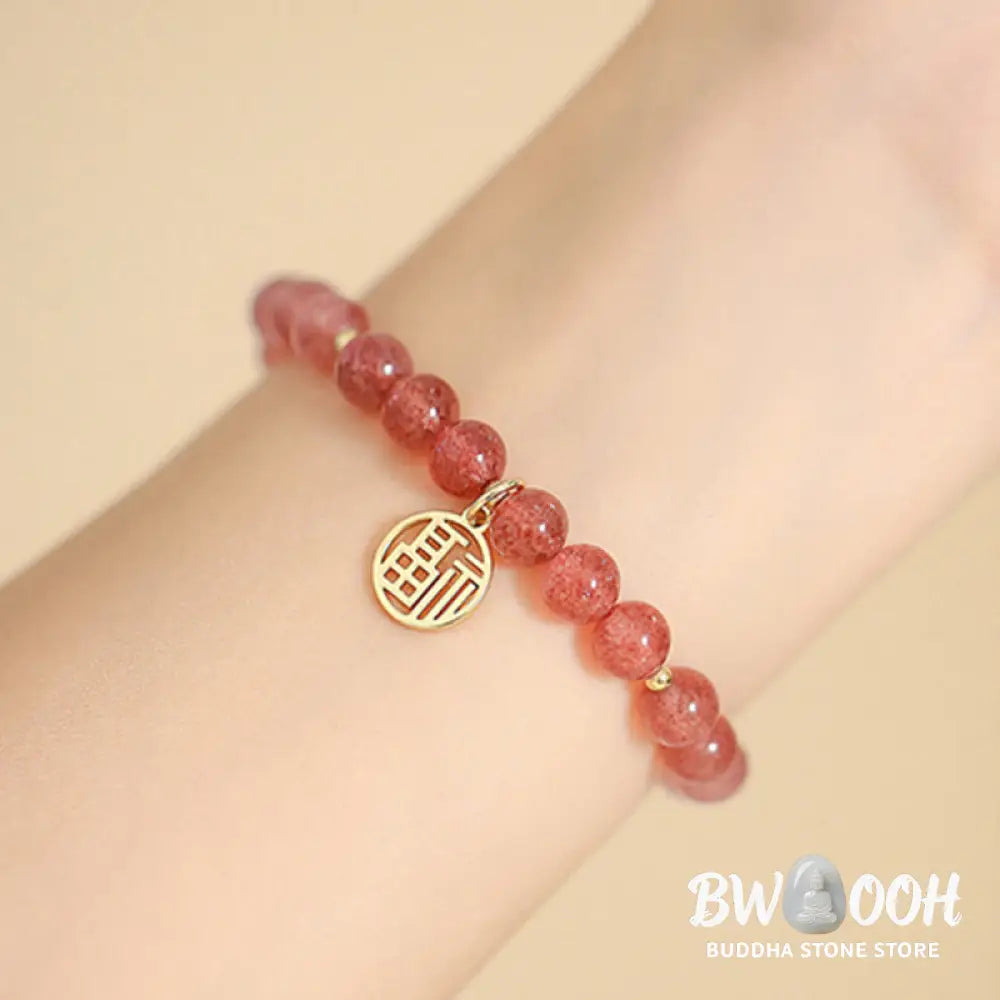 Buddha Stones 14K Gold Plated Strawberry Quartz Fu Character Healing Charm Bracelet - BWOOOH - Strawberry