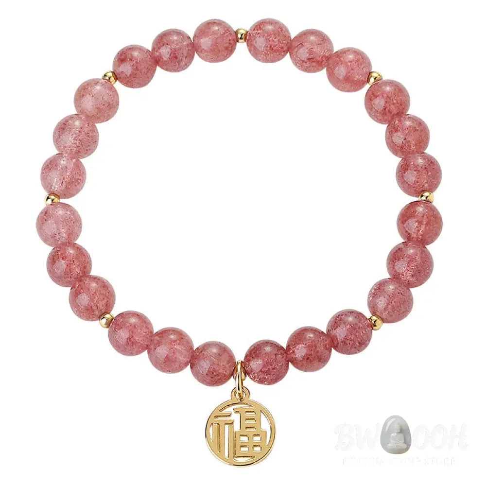 Buddha Stones 14K Gold Plated Strawberry Quartz Fu Character Healing Charm Bracelet - BWOOOH - Strawberry