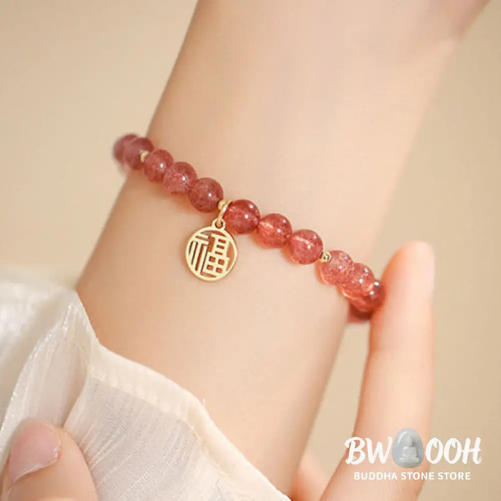 Buddha Stones 14K Gold Plated Strawberry Quartz Fu Character Healing Charm Bracelet - BWOOOH - Strawberry