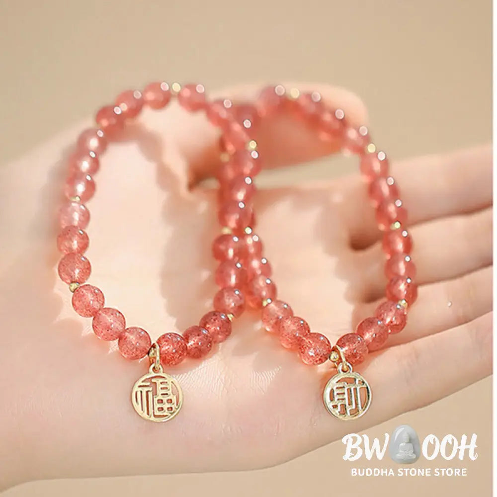 Buddha Stones 14K Gold Plated Strawberry Quartz Fu Character Healing Charm Bracelet - BWOOOH - Strawberry