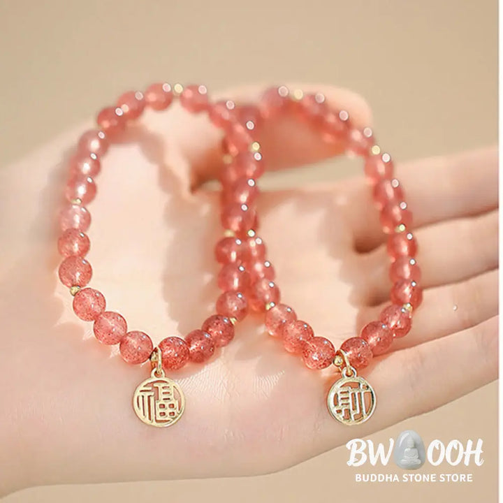 Buddha Stones 14K Gold Plated Strawberry Quartz Fu Character Healing Charm Bracelet - BWOOOH - Strawberry