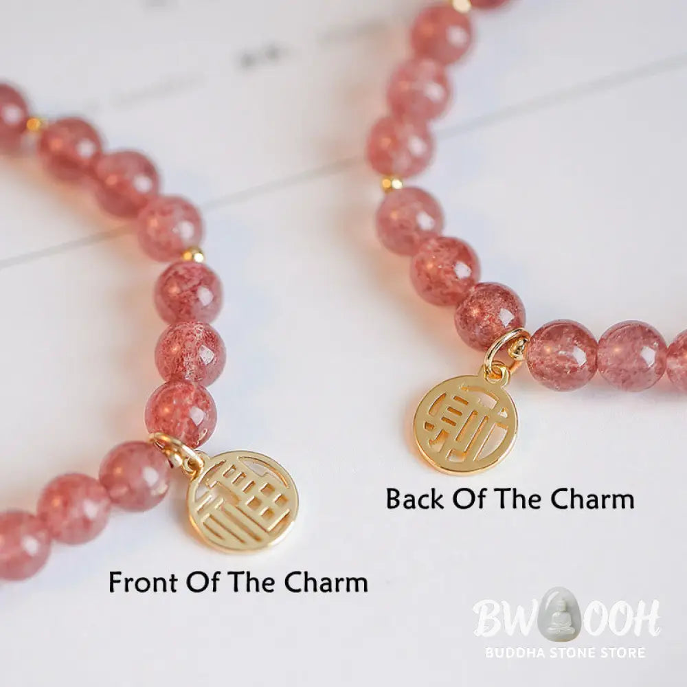 Buddha Stones 14K Gold Plated Strawberry Quartz Fu Character Healing Charm Bracelet - BWOOOH - Strawberry