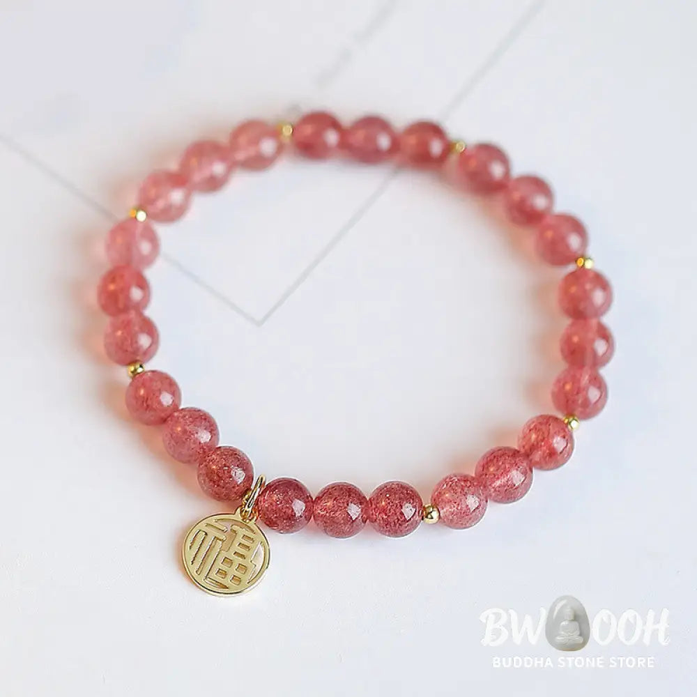 Buddha Stones 14K Gold Plated Strawberry Quartz Fu Character Healing Charm Bracelet - BWOOOH - Strawberry