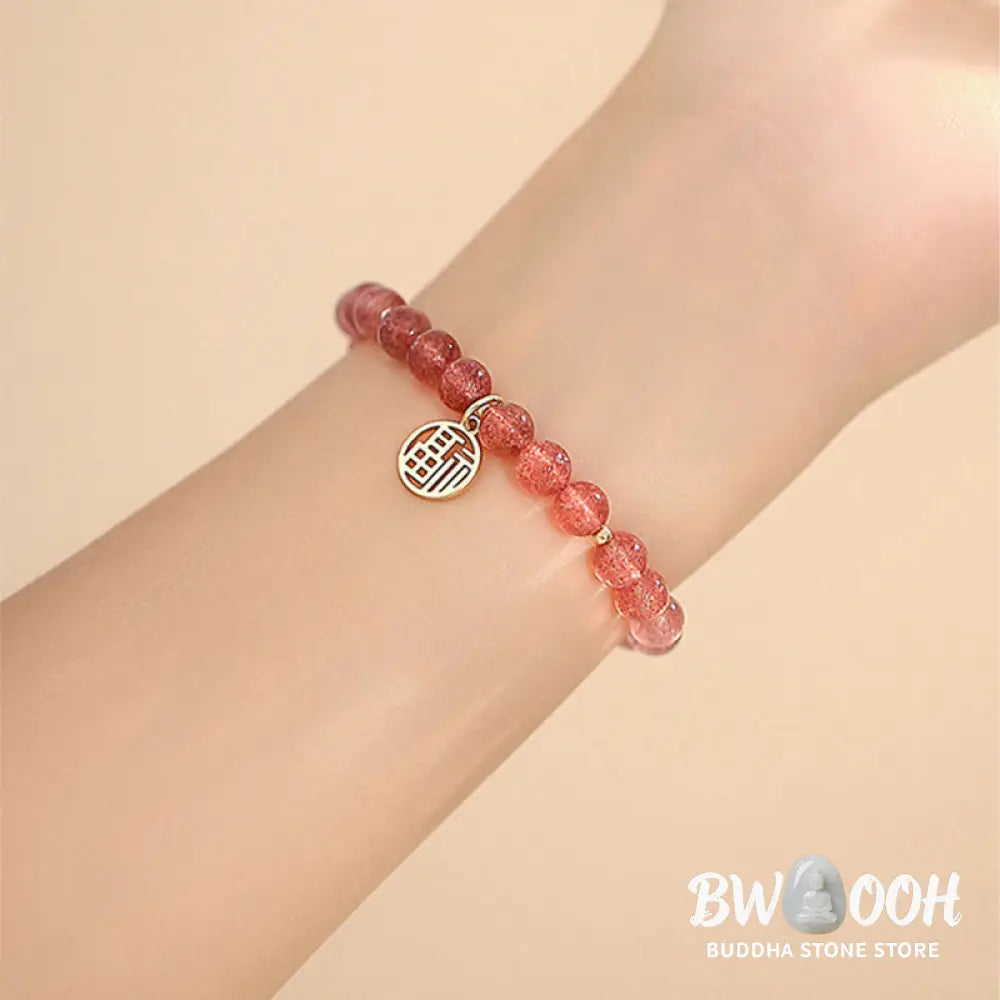 Buddha Stones 14K Gold Plated Strawberry Quartz Fu Character Healing Charm Bracelet - BWOOOH - Strawberry