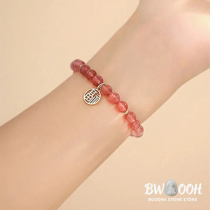 Buddha Stones 14K Gold Plated Strawberry Quartz Fu Character Healing Charm Bracelet - BWOOOH - Strawberry