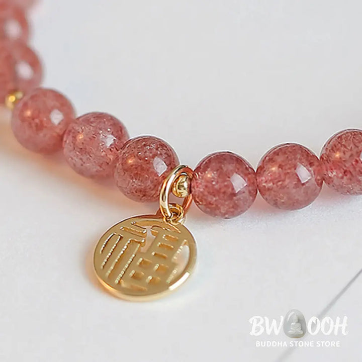 Buddha Stones 14K Gold Plated Strawberry Quartz Fu Character Healing Charm Bracelet - BWOOOH - Strawberry