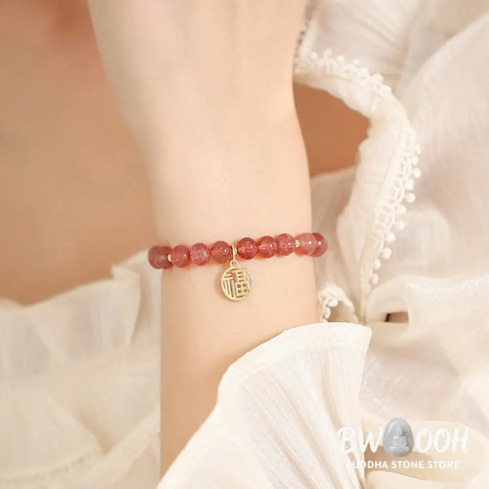 Buddha Stones 14K Gold Plated Strawberry Quartz Fu Character Healing Charm Bracelet - BWOOOH - Strawberry