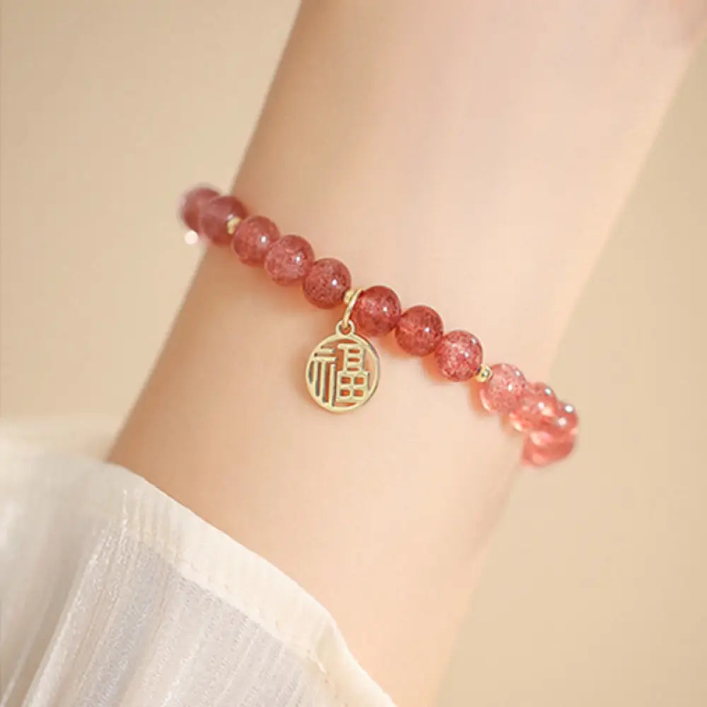 BWOOOH 14K Gold Plated Strawberry Quartz Fu Character Healing Charm Bracelet - BWOOOH - Strawberry